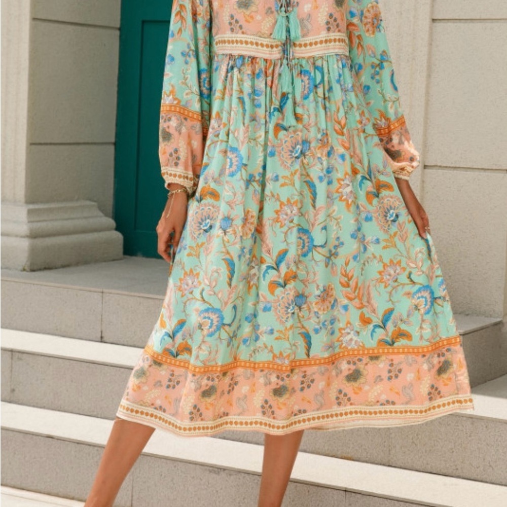 Women's bohemian Floral Print Long Sleeve Dress - Picture 8 of 10